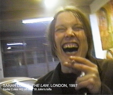Sarah Lucas laughing at her exhibition THE LAW, Sadie Coles, 1997. Vanessa's art diaries1993-2007 art  film documentary