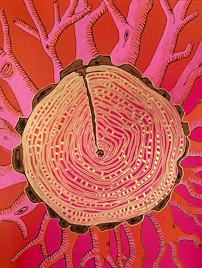 #19 Hauling Them Away- View from the Ground
Acrylic Spray Paint and Paint Pen on Wood Panel 
14"x11"