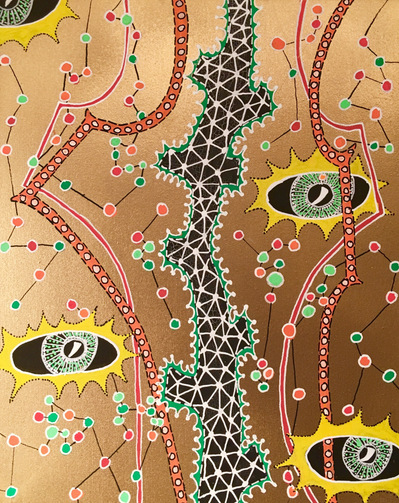 #25 Black Eyes-Ice (Sold)
Acrylic Spray Paint and Paint Pen on Wood Panel 
10"x8"