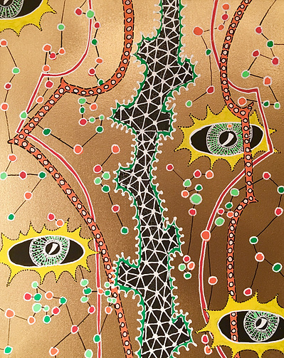 #25 Black Eyes-Ice (Sold)
Acrylic Spray Paint and Paint Pen on Wood Panel 
10"x8"