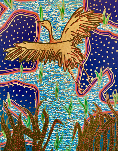 #33 Not the Rio Grande; the Ganges, Maybe?
Acrylic Spray Paint and Paint Pen on Wood Panel 
10"x8"