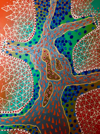 #34 The River of Sikornot (Sold)
Acrylic Spray Paint and Paint Pen on Wood Panel 
14"x11"