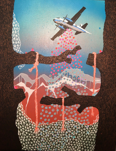 #35 The Liberators sent by the Great Leader dropped orange and pink candies onto the cheering crowds (SOLD) 
Acrylic Spray Paint and Paint Pen on Wood Panel 
14"x11"