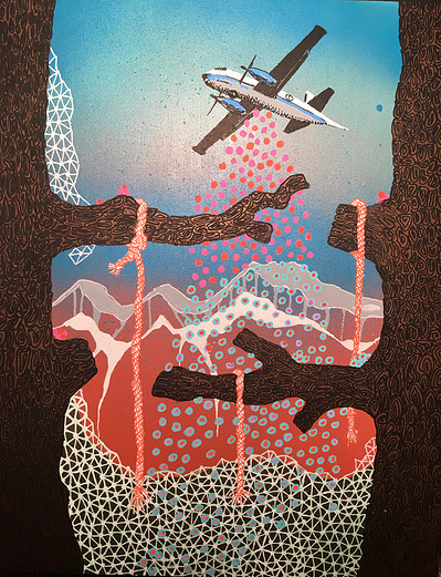 #35 The Liberators sent by the Great Leader dropped orange and pink candies onto the cheering crowds (SOLD) 
Acrylic Spray Paint and Paint Pen on Wood Panel 
14"x11"