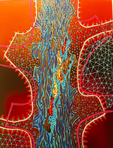 #32 This Used to Be the Rio Grande
Acrylic Spray Paint and Paint Pen on Wood Panel 
14"x11"