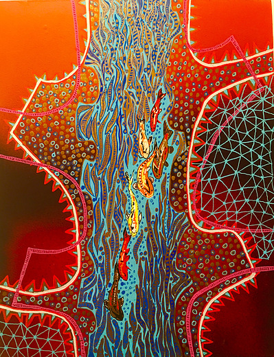 #32 This Used to Be the Rio Grande
Acrylic Spray Paint and Paint Pen on Wood Panel 
14"x11"