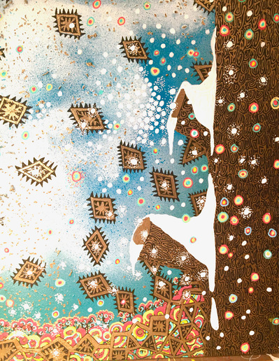 #42  Snow Hides Scattered Horrors, SOLD
Acrylic Spray Paint and Paint Pen on Wood Panel 
14"x 11"