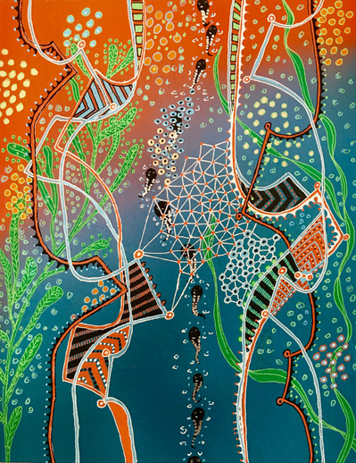 #22 A Network of Princes
Acrylic Spray Paint and Paint Pen on Wood Panel 
14"x11"