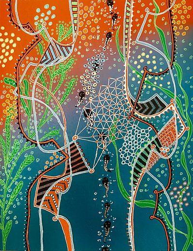 #22 A Network of Princes
Acrylic Spray Paint and Paint Pen on Wood Panel 
14"x11"