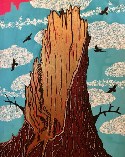 #36 The Unkindness of Raven
Acrylic Spray Paint and Paint Pen on Wood Panel 
14"x11"