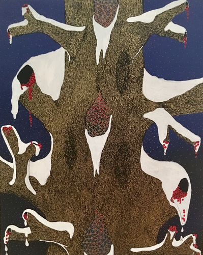 #30 This is the Winter of Our Discontent
Acrylic Spray Paint and Paint Pen on Wood Panel 
20"x16"