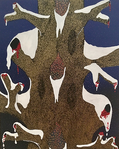 #30 This is the Winter of Our Discontent
Acrylic Spray Paint and Paint Pen on Wood Panel 
20"x16"