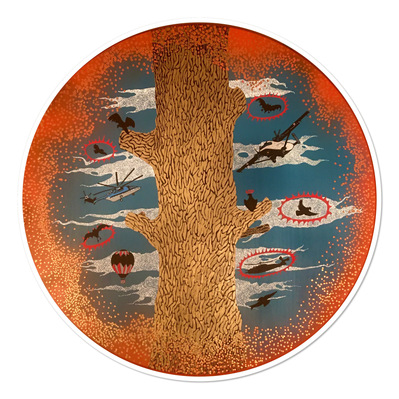 #41  The Birds the Bats the Balloon the Helicopters and the Plane
Acrylic Spray Paint and Paint Pen on Wood Panel 
40" Diameter