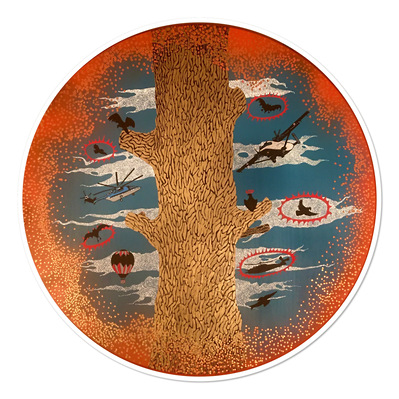 #41  The Birds the Bats the Balloon the Helicopters and the Plane
Acrylic Spray Paint and Paint Pen on Wood Panel 
40" Diameter