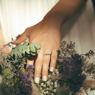 An up close portrait of the bride's wedding ring with her floral bouquet. Elopement in the Redwoods Grove in Yorba Linda, Orange County, CA. Photography by Aly Rose Photo, wedding, engagement, elopement, portrait photographer in Southern California.