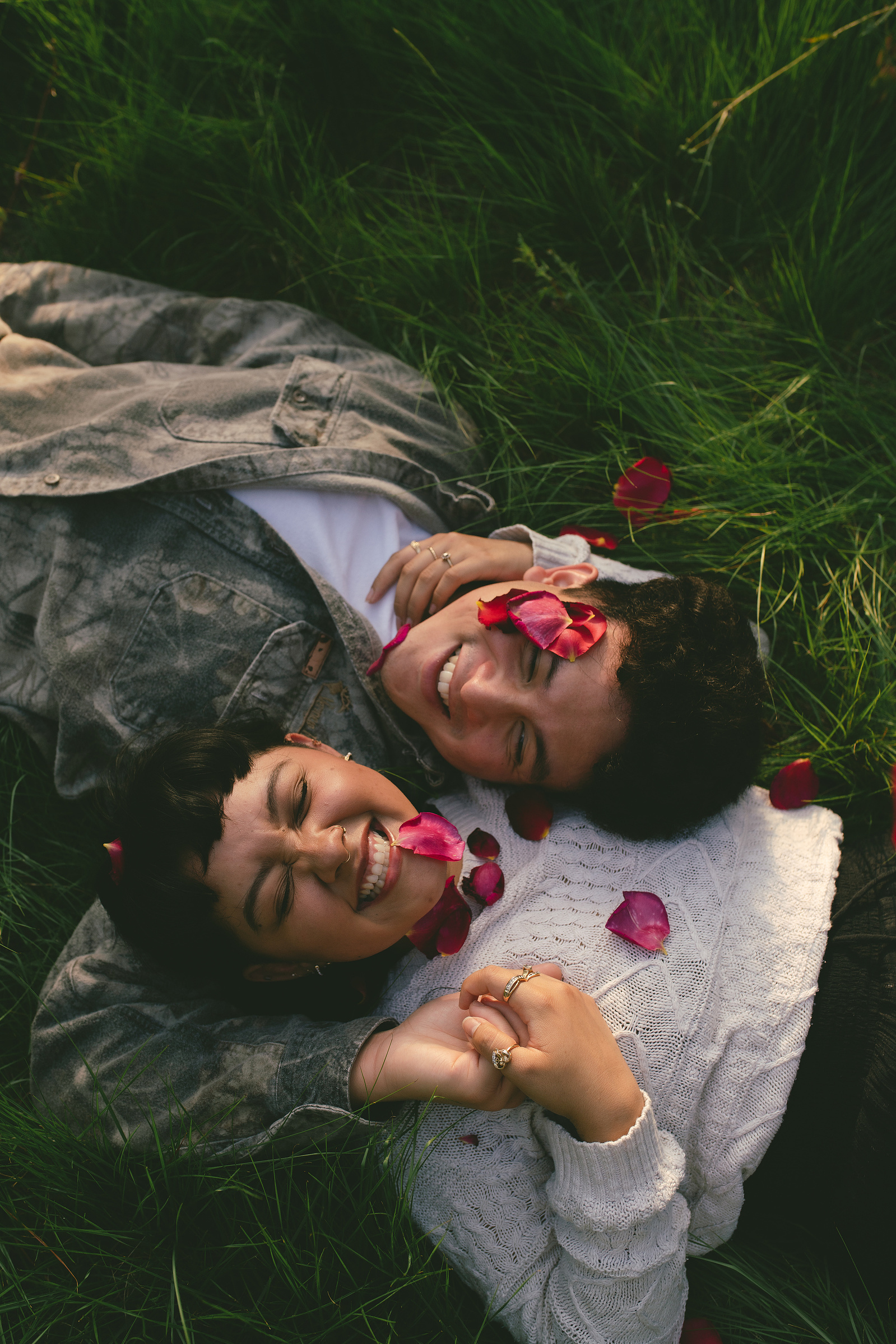 A playful golden hour couples shoot spent frolicking and laughing through the grass at Jeffrey Trail, Irvine, CA. Natural light engagement photography in Southern California photographed by wedding and elopement photographer Aly Rose Photo.