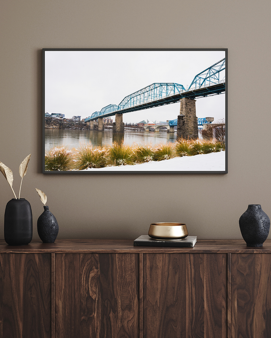Walnut Street Bridge View from Coolidge Park Snow Day, Winter 2024. Anh Bao Tran-Le Photography Print For Sale