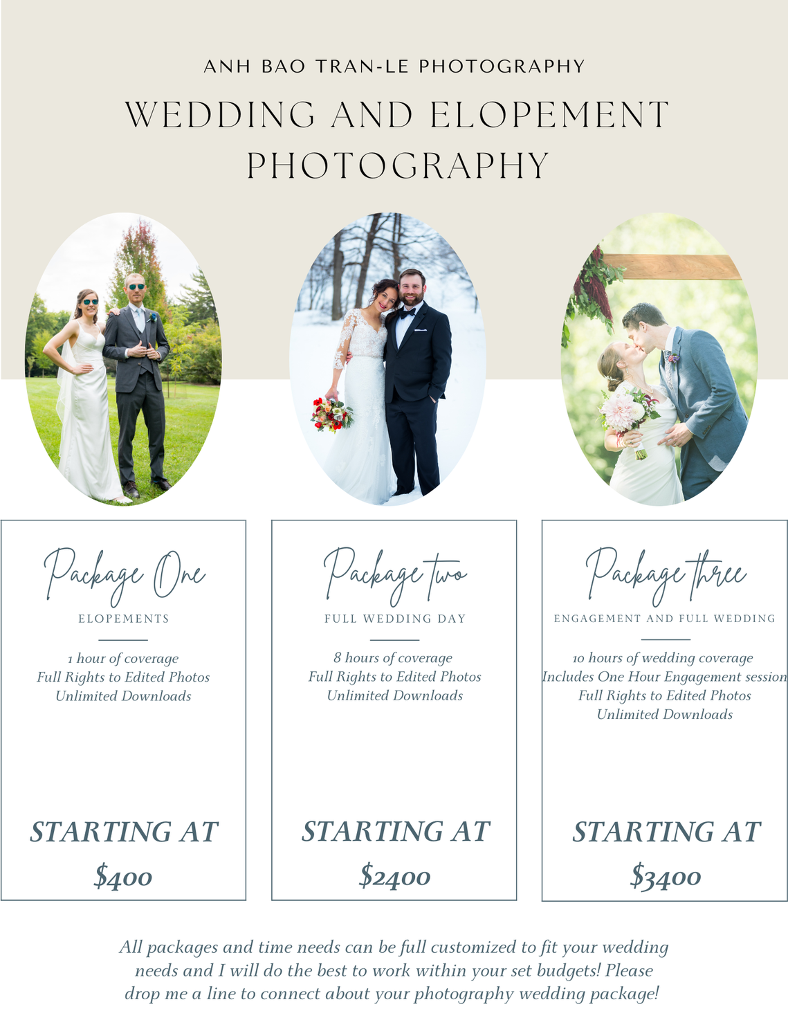 Elopement and Wedding Photography Pricing Packages for Chattanooga Tennessee and Georgia 