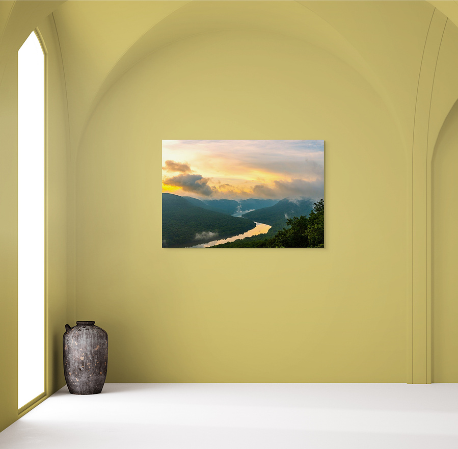 Sunrise at Snoopers Rock with golden sky, misty clouds, and winding Tennessee River through green mountains – Chattanooga nature landscape photography