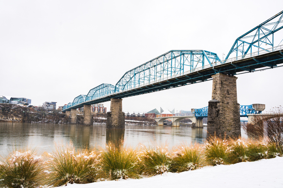 Walnut Street Bridge View from Coolidge Park Snow Day, Winter 2024. Anh Bao Tran-Le Photography Print For Sale
