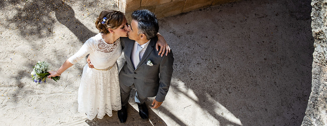 A happy bride and groom in Altafulla, Barcelona Spain