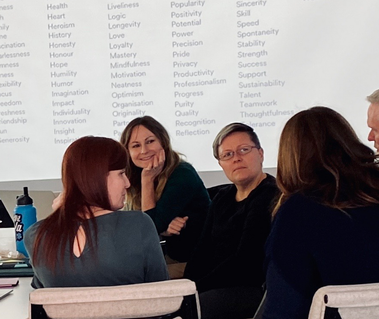 Group of people mid-thought in a workshop