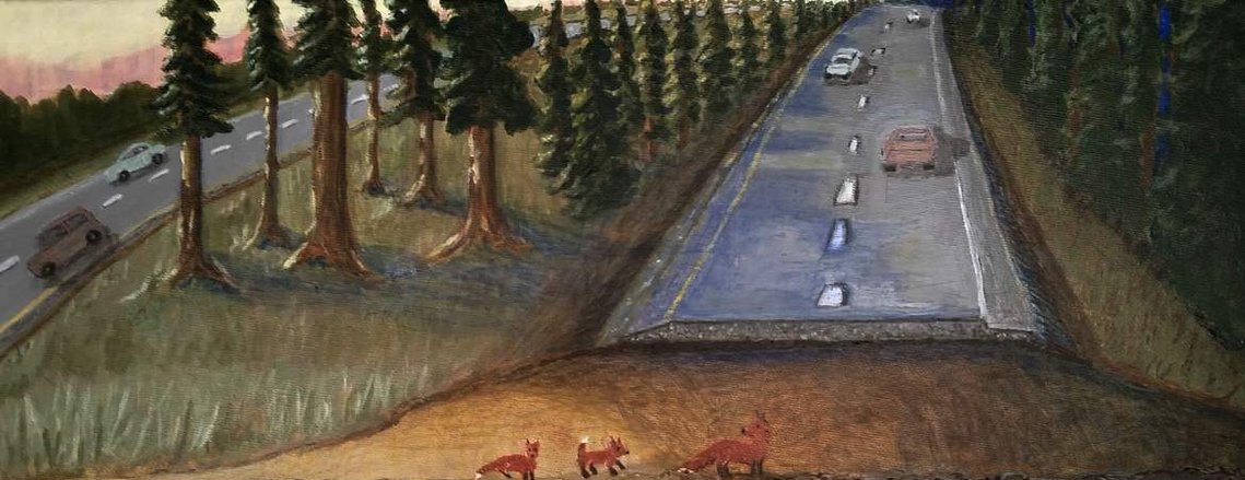 Interstate with cars. Tall trees on each side of the interstate. A cross-section view of a passage beneath the interstate with a mother fox and two kits travelling through it..
