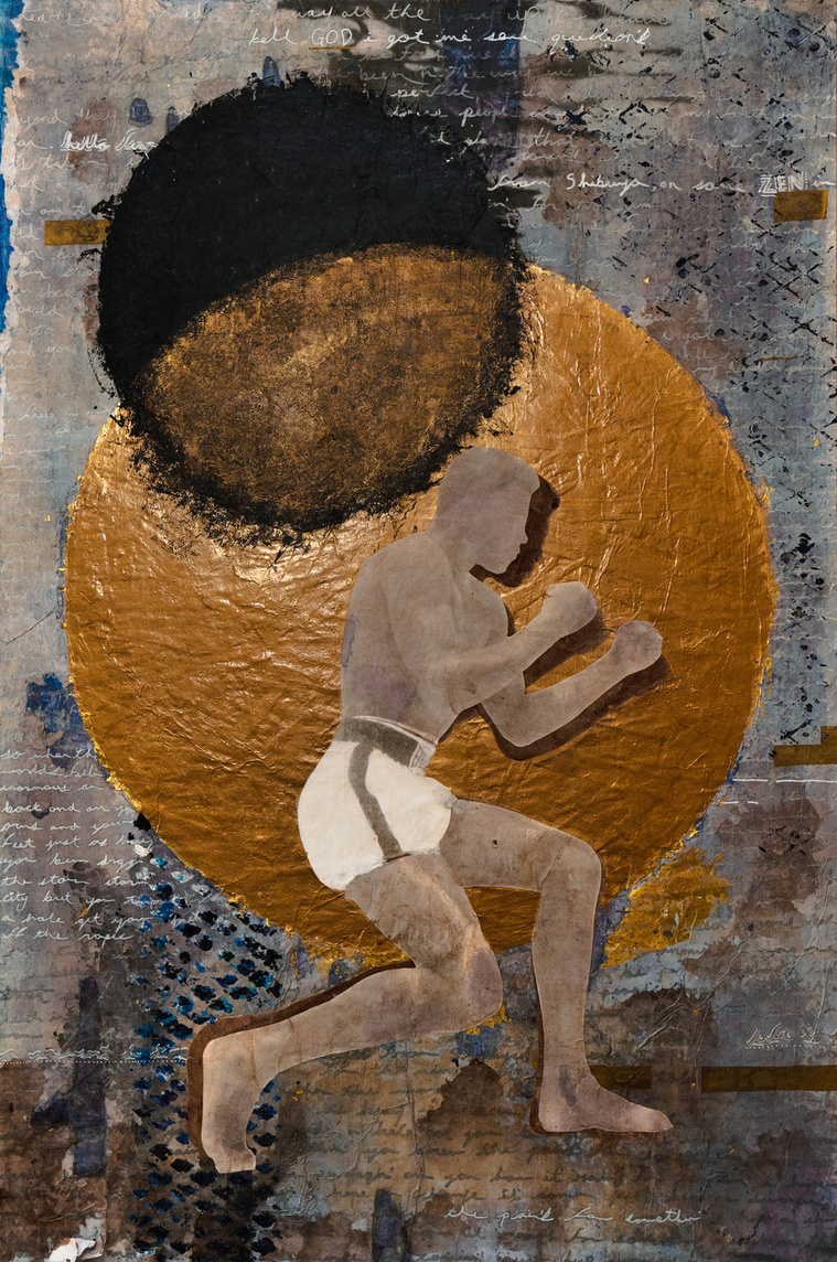 Silhouette of boxer Muhammad Ali hovering over a vintage stained background and in front of a large gold circle. 