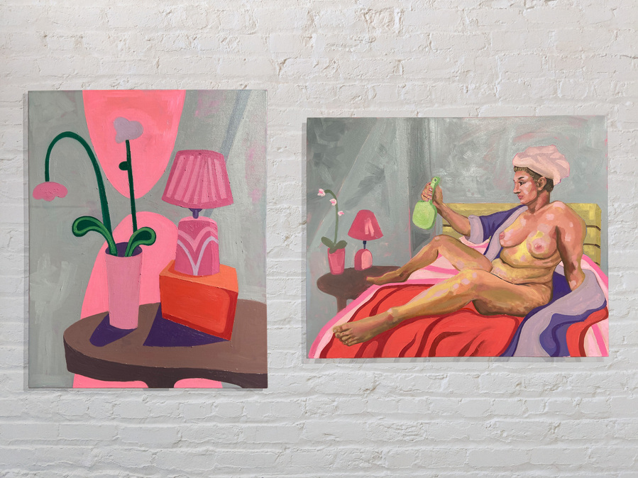Pastel-toned diptych featuring a reclining nude figure on a bed with mirror and a bedside table featuring pink lamp and orchid. 

TAGS
wall art, pastel, contemporary art, interior decor, minimalist, feminist art, affordable art, art gallery
