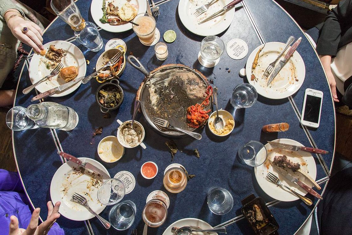 Blue Smoke NYC, Union Square Hospitality Group, Jean-Paul Bourgoeis, Taste Talks, Food Photography, Vintage Food Photography, oysters, cornbread madeleines, crawfish hushpuppies, empty plates, the end of a meal