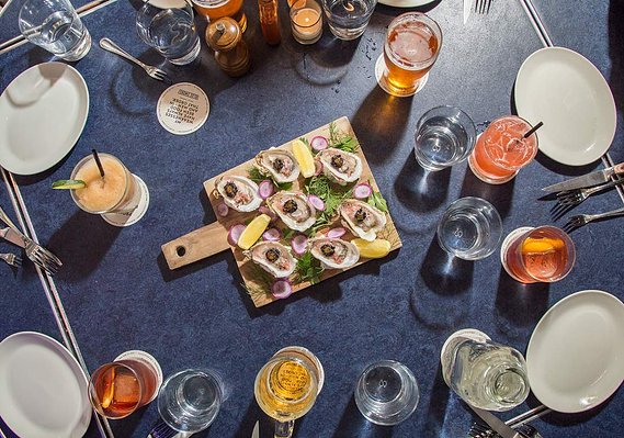 Blue Smoke NYC, Union Square Hospitality Group, Jean-Paul Bourgoeis, Taste Talks, Food Photography, Vintage Food Photography, oysters, blackberry mignonette, North Carolina trout Roe