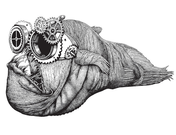 HIGHLY DETAILED PEN DRAWING OF A STEAMPUNK FISH WEARING STYLISH SUNGLASSES