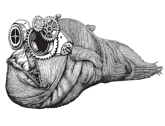 HIGHLY DETAILED PEN DRAWING OF A STEAMPUNK FISH WEARING STYLISH SUNGLASSES