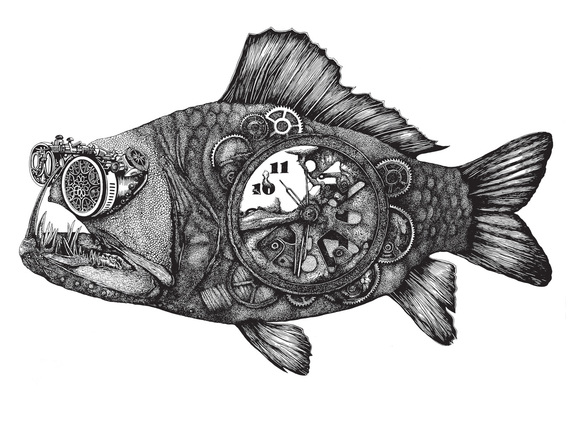 HIGHLY DETAILED PEN DRAWING OF A STEAMPUNK FISH SHOWING INTERNAL BROKEN CLOCK AND COGS ALSO WEARING STYLISH SUNGLASSES