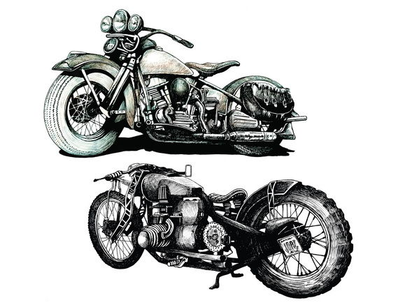 HIGHLY DETAILED PEN AND WASH DRAWING OF TWO VINTAGE MOTORCYCLES