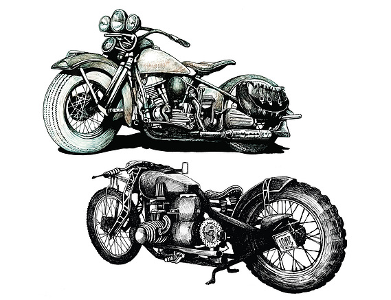 HIGHLY DETAILED PEN AND WASH DRAWING OF TWO VINTAGE MOTORCYCLES