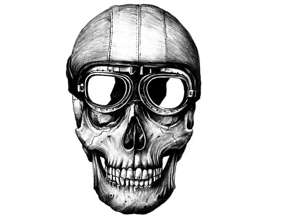 DETAILED PENCIL DRAWING OF A SKULL WITH OLD FASHIONED HELMET AND GOGGLES