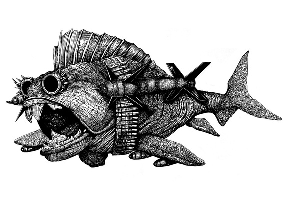 HIGHLY DETAILED PEN DRAWING OF AN ARMED STEAMPUNK FISH WITH MISSILES BULLETS AND WING ROCKETS 