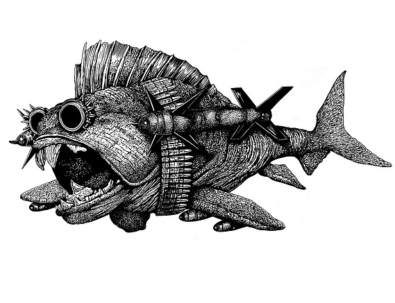 HIGHLY DETAILED PEN DRAWING OF AN ARMED STEAMPUNK FISH WITH MISSILES BULLETS AND WING ROCKETS 