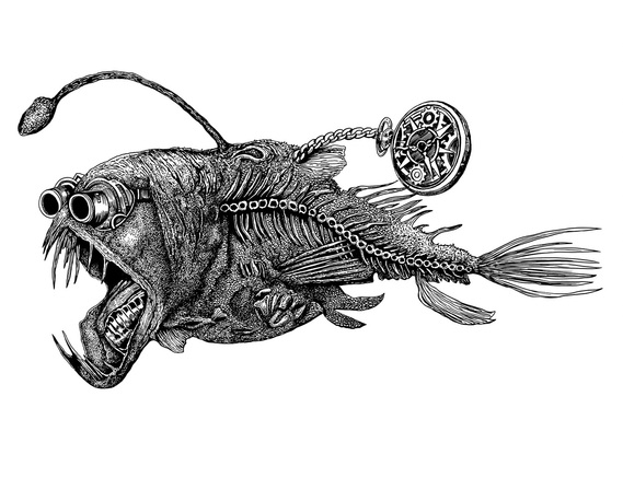 HIGHLY DETAILED PEN DRAWING OF A STEAMPUNK FISH WEARING A FOB WATCH AND SPORTING STYLISH SUNGLASSES