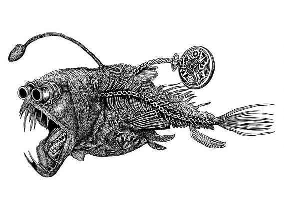 HIGHLY DETAILED PEN DRAWING OF A STEAMPUNK FISH WEARING A FOB WATCH AND SPORTING STYLISH SUNGLASSES