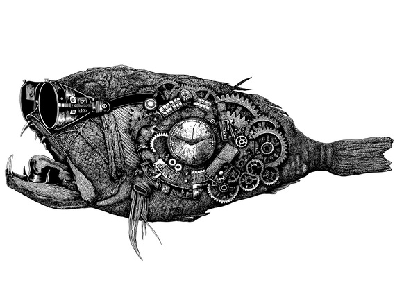 HIGHLY DETAILED PEN DRAWING OF A STEAMPUNK FISH SHOWING CLOCK COGS AND MECHANICS AND WEARING STYLISH SUNGLASSES
