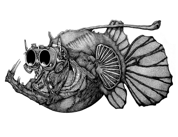 HIGHLY DETAILED PEN DRAWING OF A STEAMPUNK FISH WEARING SUPER STYLISH SUNGLASSES