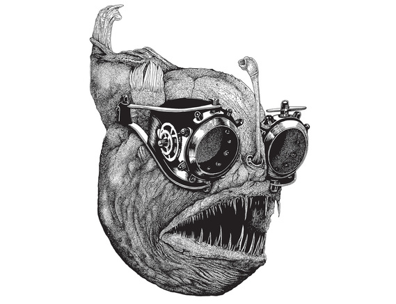 HIGHLY DETAILED PEN DRAWING OF A STEAMPUNK FISH  WEARING  SUPER STYLISH EYEWEAR