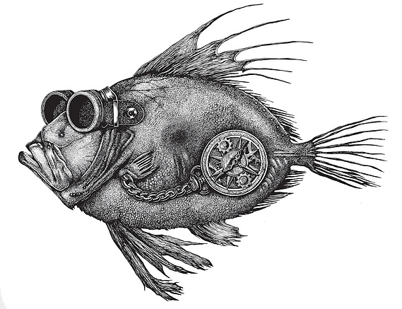 HIGHLY DETAILED PEN DRAWING OF A STEAMPUNK FISH ADORNED WITH GLASSES AND A FOB WATCH