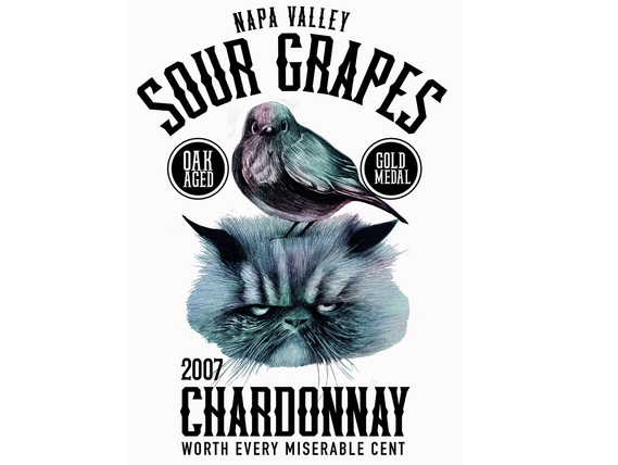 REALISTIC DRAWING OF A CAT AND BIRD ADVERTISING A WINE LABEL
