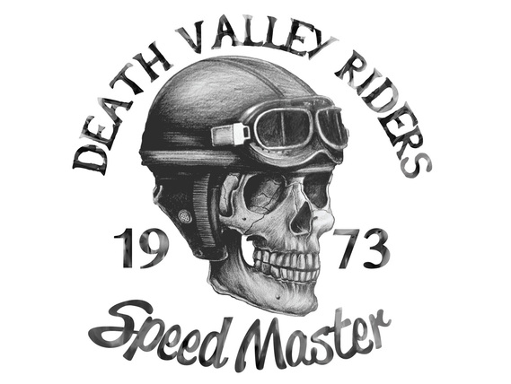 RETRO PENCIL DRAWING OF A SKULL AND MOTORCYCLE HELMET AND GOGGLES AS A MOTORCYCLE GANG INSIGNIA