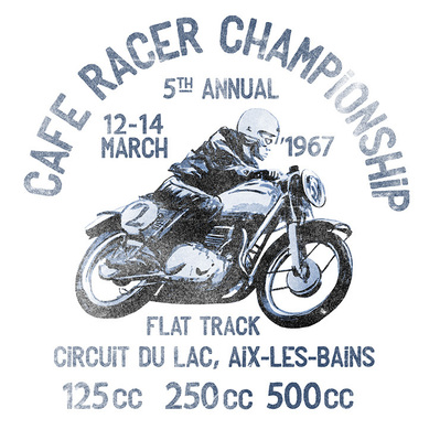 RETRO CAFE RACER DRAWN GRAPHIC WASHED OUT ON A WHITE TEE
