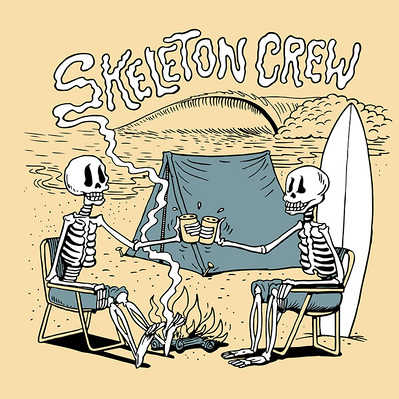 HAND DRAWN CARTOON OF SKELETON CHARACTERS DRINKING BEER AT THE BEACH SURF CAMPING MENSWEAR PRINT GRAPHIC