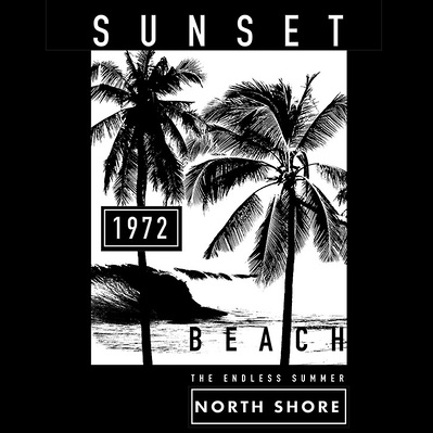 RETRO 1970'S SURF BEACH WITH MODERNIST COMPOSITION FOR A BLACK TEE SHIRT 